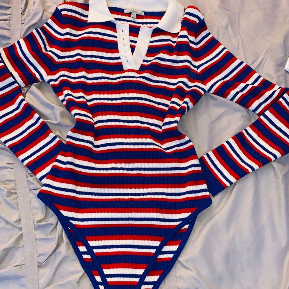 Red white and blue stripped sweater bodysuit
